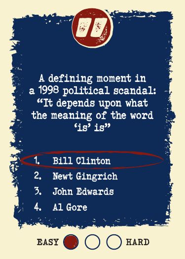 Said card: A defining moment in a 1998 political scandal: “It depends upon what the meaning of the word ‘is’ is”